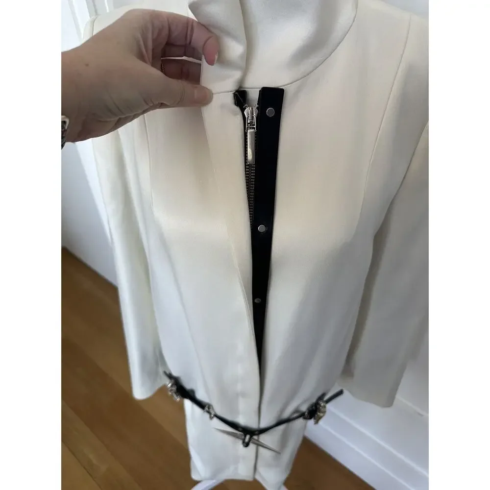 Anthony Vaccarello Hardcore Spike White Midi Coat size FR 36 Black Leather Belt